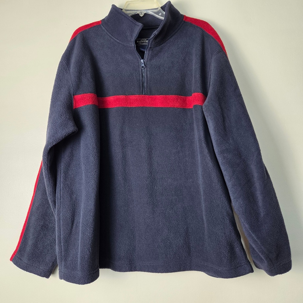 Sonoma Jean Company Mens XL Navy Blue Red Stripe Quarter Zip Fleece Pullover